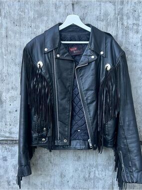 Vintage Black Leather Fringe Motorcycle Jacket